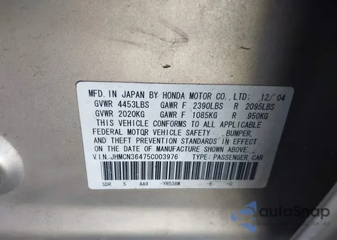 2005 Honda Accord Hybrid Ima from USA, damaged, VIN JHMCN36475C003976